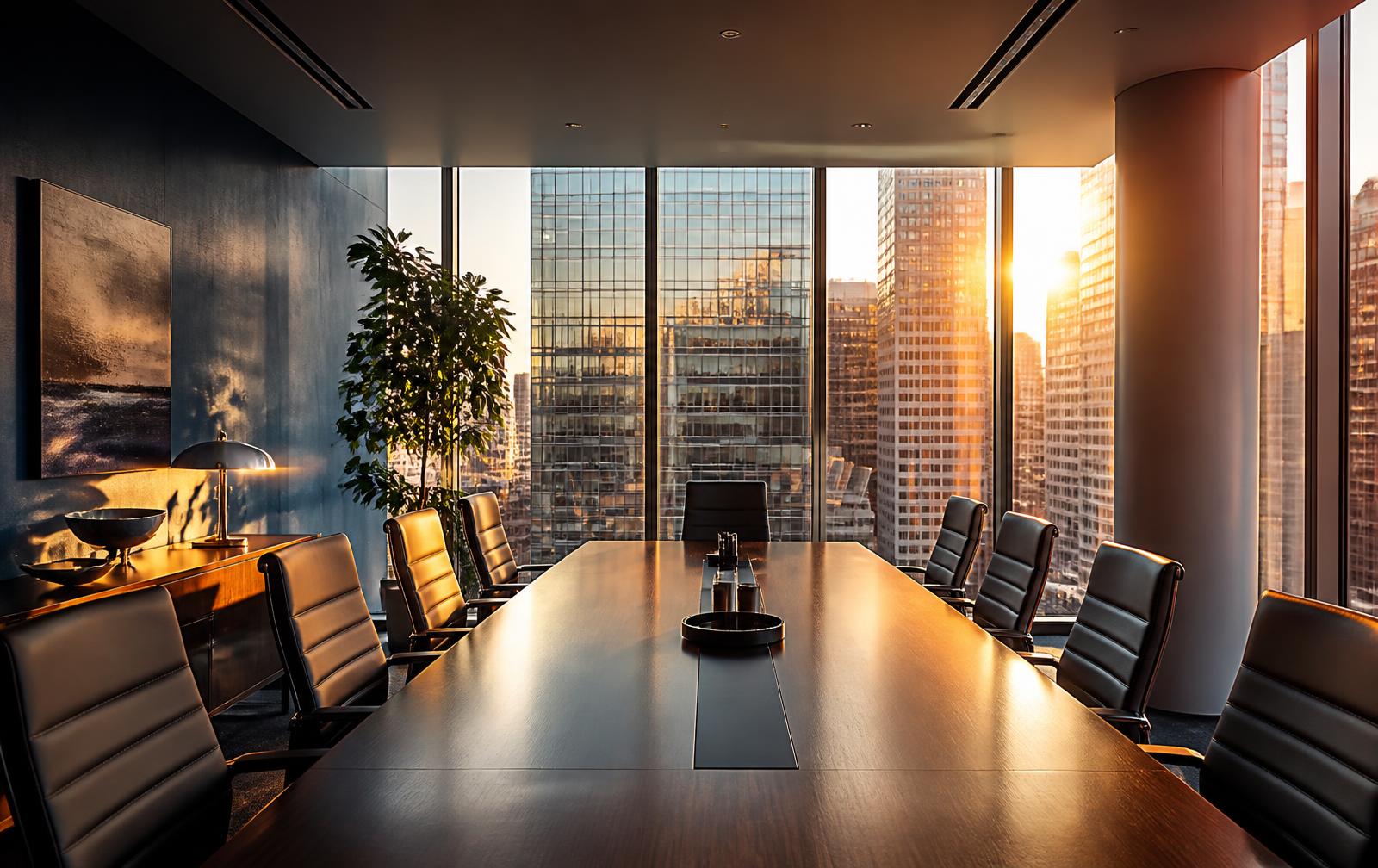 Executive conference room overlooking commercial buildings in New York